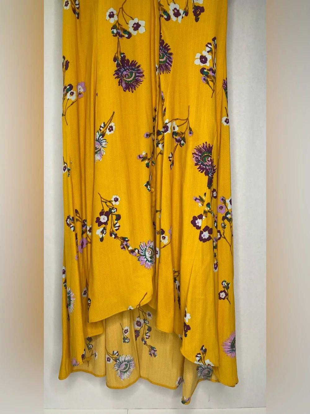 Free People Mustard Yellow Floral High Low Feminine Dress Sz Lg